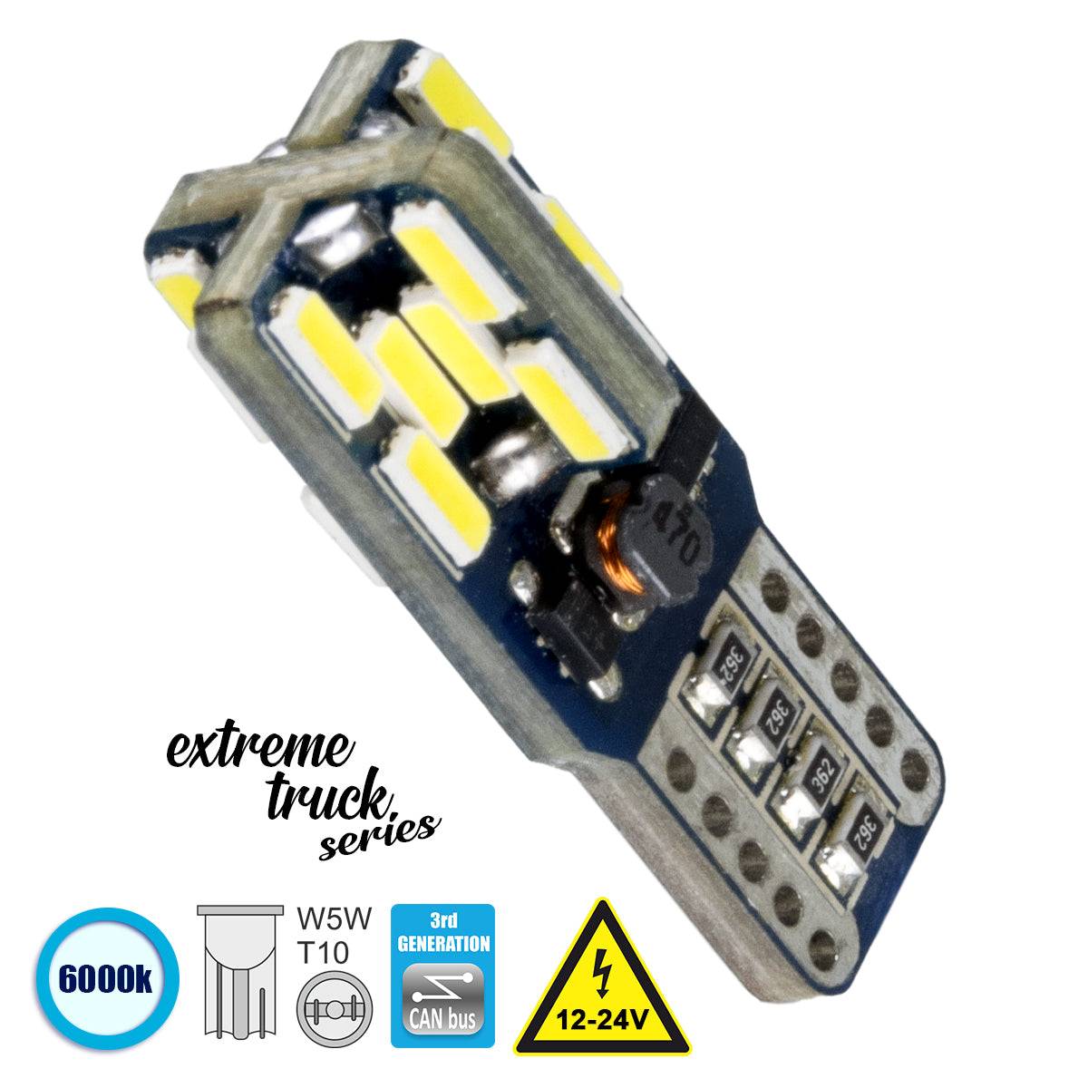 GloboStar® 81106 Λάμπα Αυτοκίνητου T10 W5W 3rd Generation Can-Bus Extreme Truck Series LED 24 SMD 4014 4.8W 720lm 360° DC 12-24V IP20 Ψυχρό Λευκό 6000K - ledmania.gr