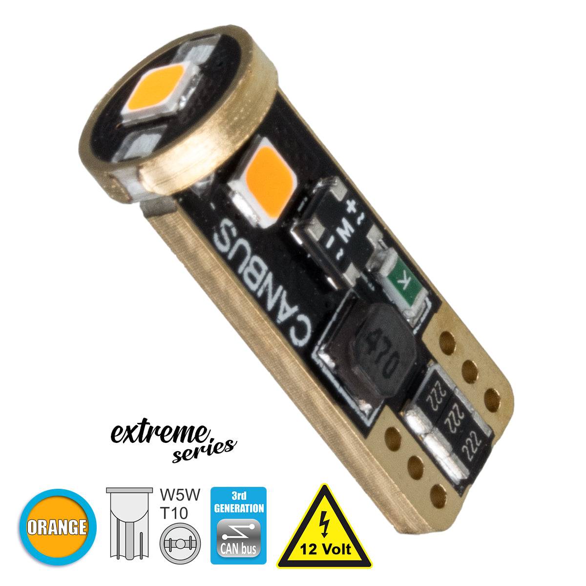 GloboStar® 81117 Λάμπα Αυτοκίνητου T10 W5W 3rd Generation Can-Bus Extreme Series LED 3 SMD 3030 3W 360lm 360° DC 12V IP20 Πορτοκαλί - ledmania.gr