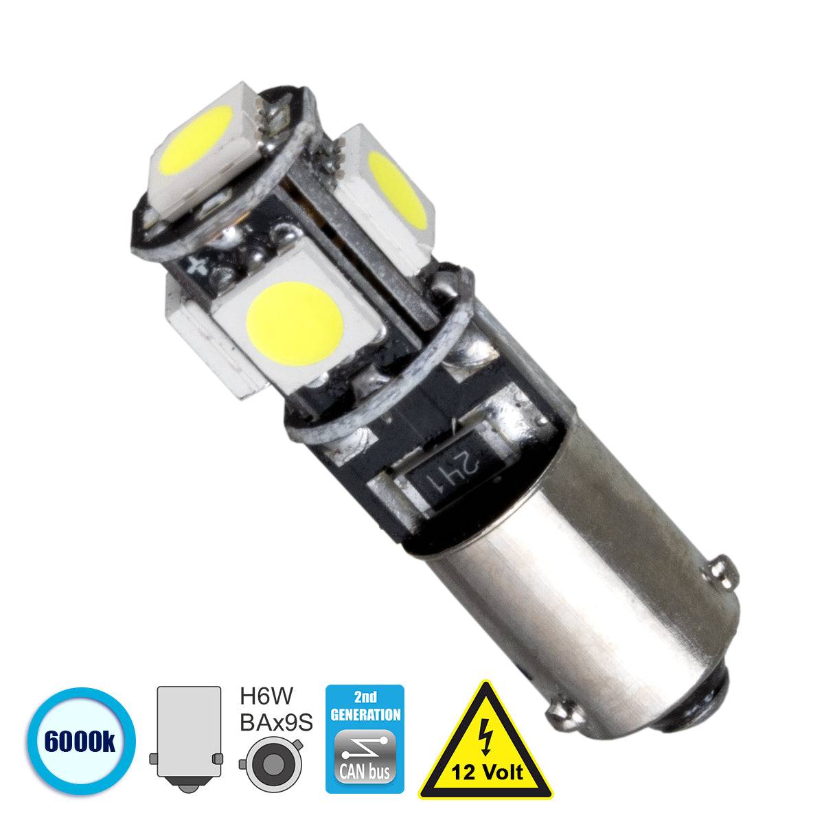 GloboStar® 81297 Λάμπα Αυτοκίνητου BAx9S - H6W 2nd Generation Can-Bus Series LED 5 SMD 5050 2W 300lm 360° DC 12V IP20 Ψυχρό Λευκό 6000K - ledmania.gr