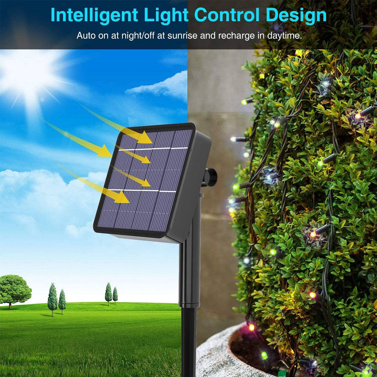 85809 Διακοσμητική Γιρλάντα 10 Μέτρων με Controller 8 Προγραμμάτων Φωτισμού - 100 LED 4W με Ενσωματωμένη Μπαταρία 600mAh - Φωτοβολταϊκό Πάνελ - Αισθητήρα Ημέρας-Νύχτας - Βάση Κήπου & Σκούρο Πράσινο Καλώδιο Αδιάβροχη IP65 Πολύχρωμη RGB Μ10m - ledmania.gr