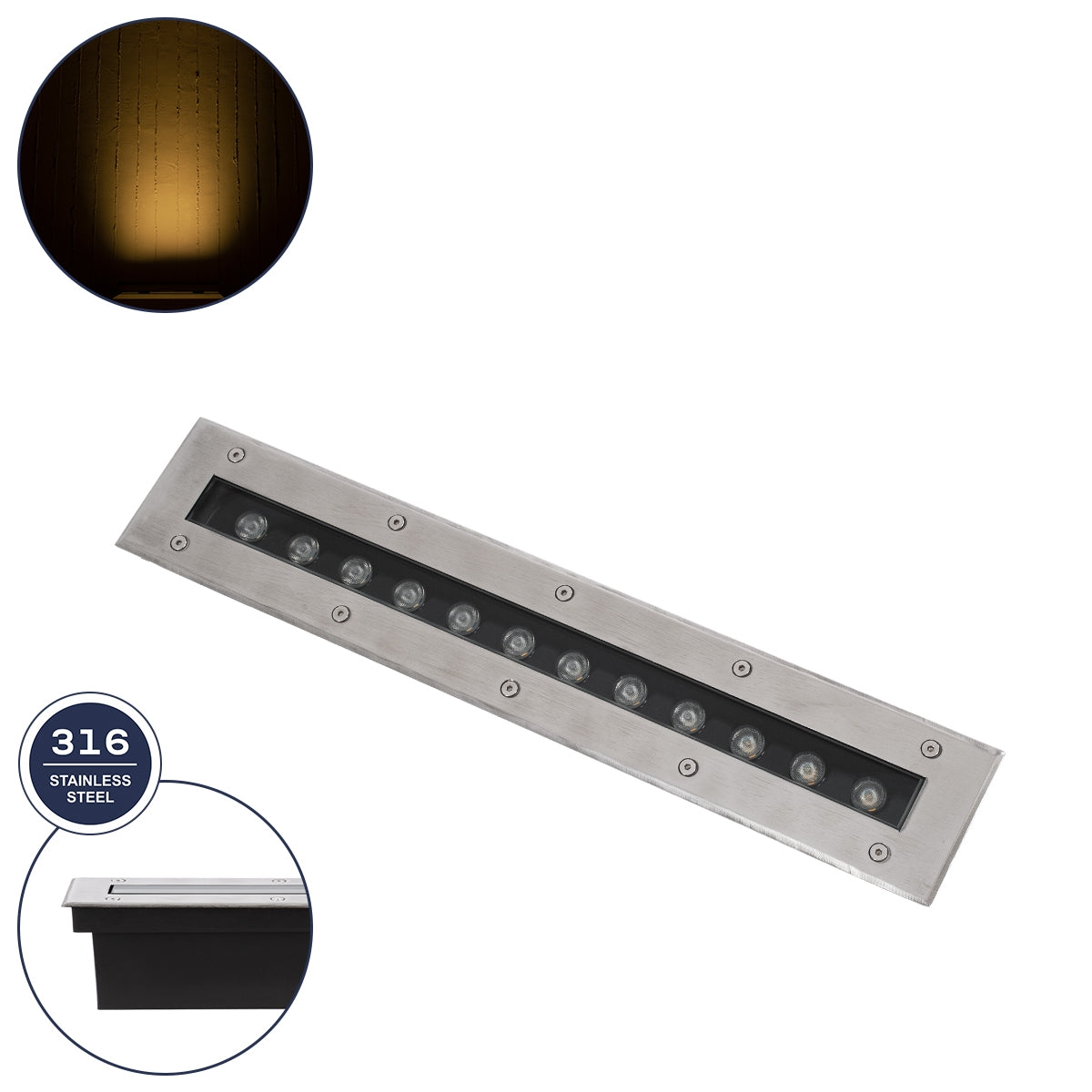 GloboStar® UNDERGROUND-MINA 90192 Χωνευτό Φωτιστικό Wall Washer Δαπέδου LED 12W 1080lm 10° DC 24V Αδιάβροχο IP68 L50 x W7.4 x H7cm Θερμό Λευκό 2700K - Ανοξείδωτο Ατσάλι