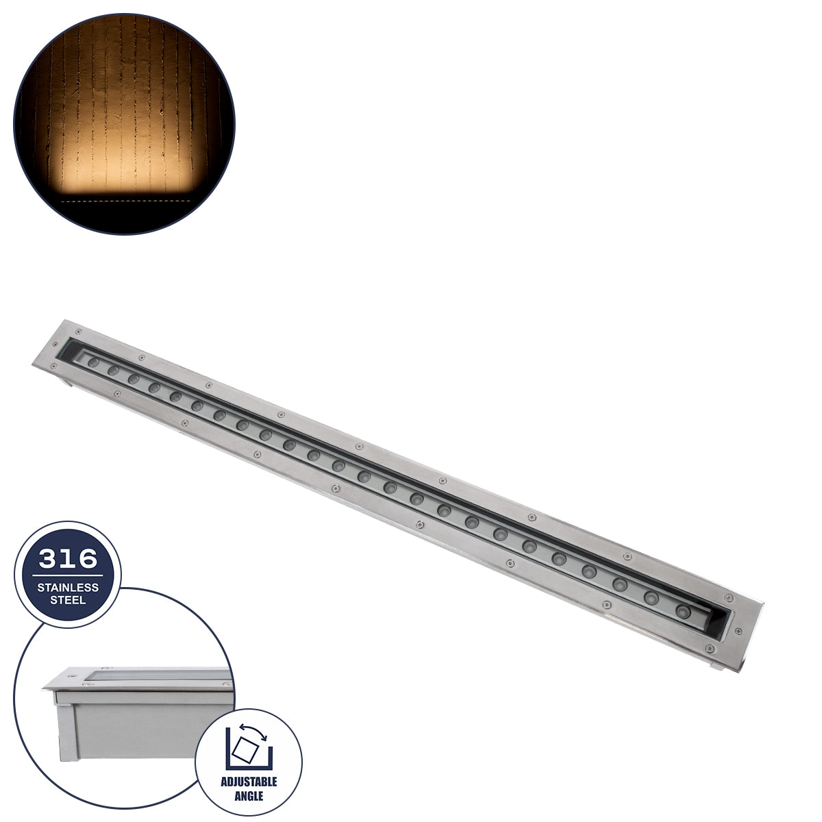 GloboStar® UNDERGROUND-MINA 90196 Χωνευτό Φωτιστικό Wall Washer Δαπέδου LED 24W 2160lm 10° DC 24V Αδιάβροχο IP68 με Ρυθμιζόμενη Γωνία Φωτισμού L108 x W9 x H7.5cm Θερμό Λευκό 2700K DMX512 - Ανοξείδωτο Ατσάλι