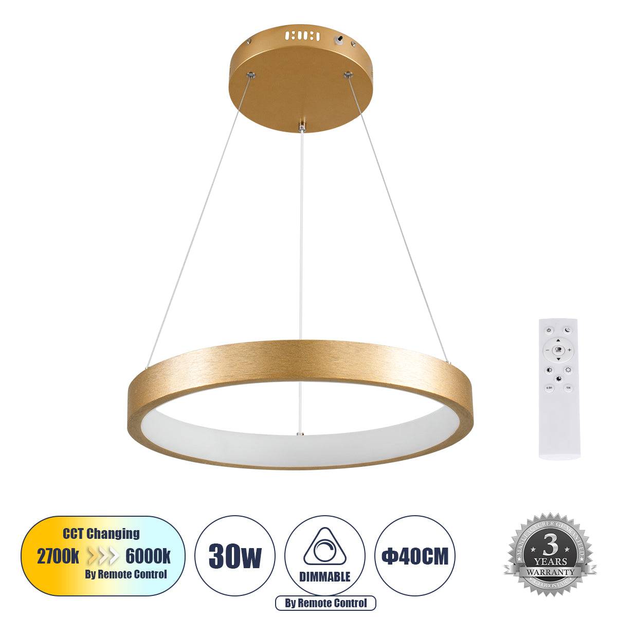 GloboStar® NEMESIS 61157 Κρεμαστό Φωτιστικό Δαχτυλίδι-Κύκλος LED CCT 30W 3513lm 360° AC 220-240V - Εναλλαγή Φωτισμού μέσω Τηλεχειριστηρίου All In One Ψυχρό 6000k+Φυσικό 4500k+Θερμό 2700k Dimmable Φ40cm - Χρυσό Βούρτσας - 3 Years Warranty - ledmania.gr