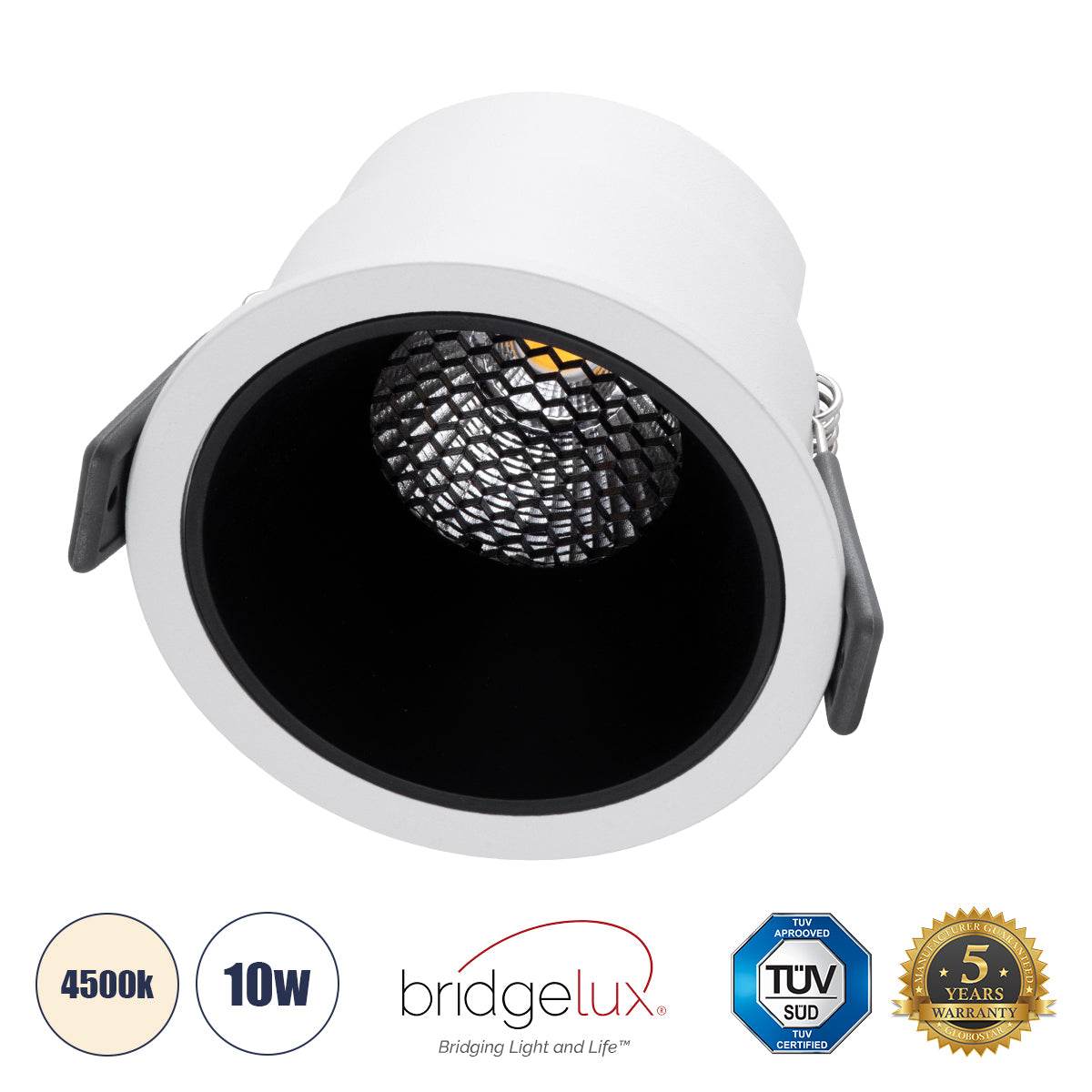 GloboStar® PLUTO-M 60252 Χωνευτό LED Spot Downlight TrimLess Φ8.4cm 10W 1300lm 38° AC 220-240V IP20 Φ8.4 x Υ5.9cm - Στρόγγυλο - Λευκό με Μαύρο Κάτοπτρο & Anti-Glare HoneyComb - Φυσικό Λευκό 4500K - Bridgelux COB - 5 Years Warranty - ledmania.gr