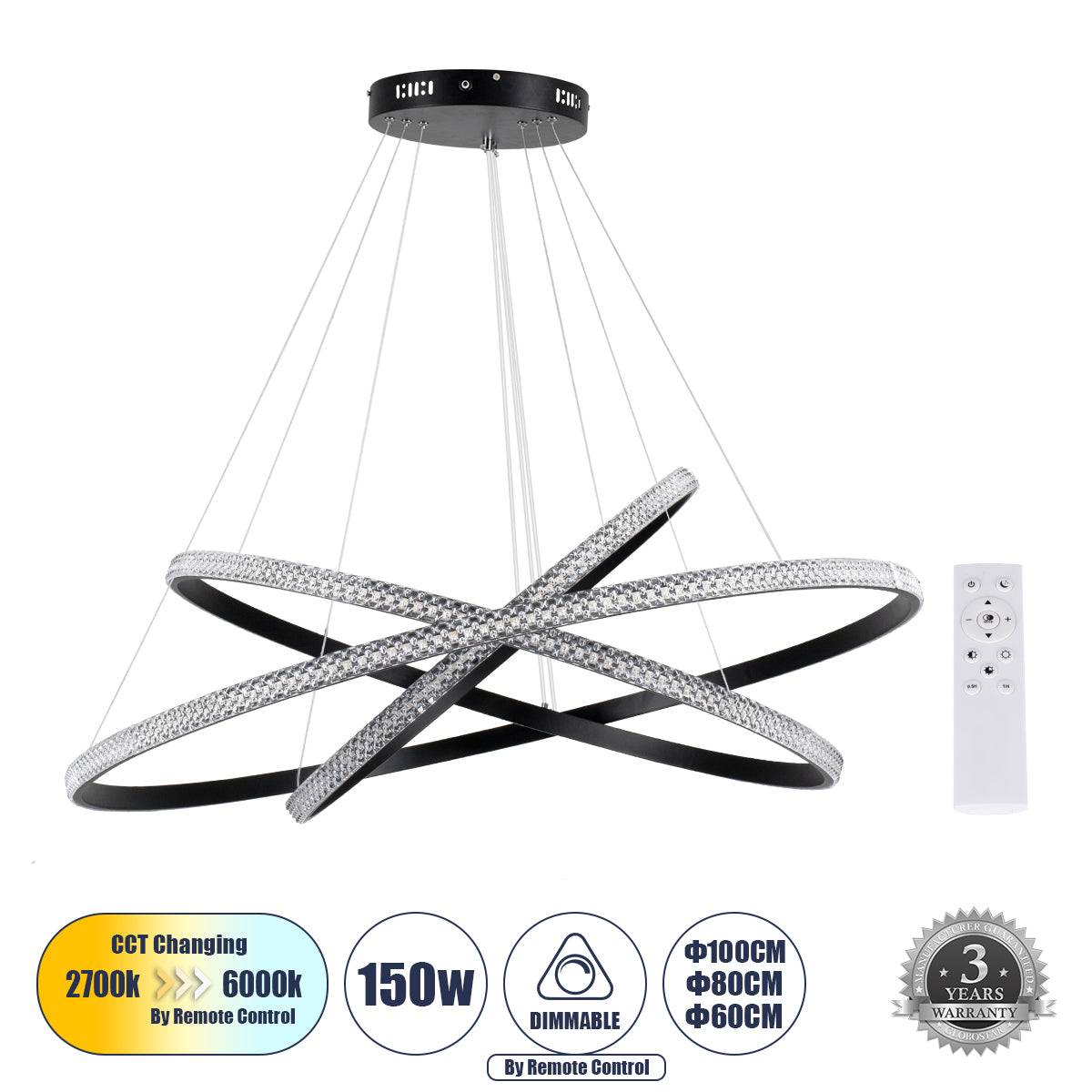 GloboStar® DIAMOND TRIO 61140-DECO Κρεμαστό Φωτιστικό Δαχτυλίδι-Κύκλος LED CCT 150W 18379lm 360° AC 220-240V - Εναλλαγή Φωτισμού μέσω Τηλεχειριστηρίου All In One Ψυχρό 6000k+Φυσικό 4500k+Θερμό 2700k Dimmable Φ60+80+100cm - Μαύρο - 3 Years Warranty - ledmania.gr