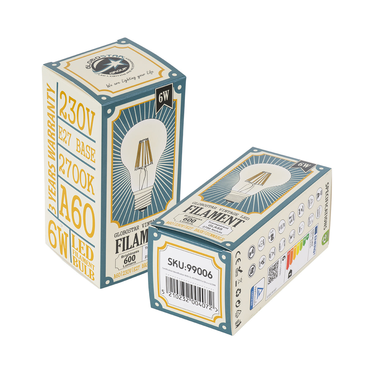 GloboStar® 99006 Λάμπα LED Long Filament E27 A60 Γλόμπος 6W 600lm 360° AC 220-240V IP20 Φ6 x Υ10.5cm Θερμό Λευκό 2700K με Διάφανο Γυαλί - Dimmable - 3 Years Warranty