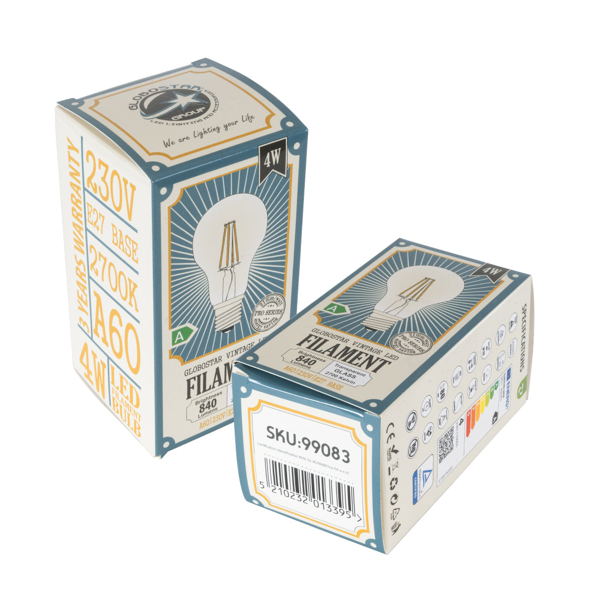 GloboStar® 99083 Λάμπα LED Long Filament E27 A60 Γλόμπος 4W 840lm 360° AC 220-240V IP20 Φ6 x Υ11cm Θερμό Λευκό 2700K με Διάφανο Γυαλί - Pro Series 210lm/W - A Ενεργειακή Κλάση - 3 Χρόνια Εγγύηση