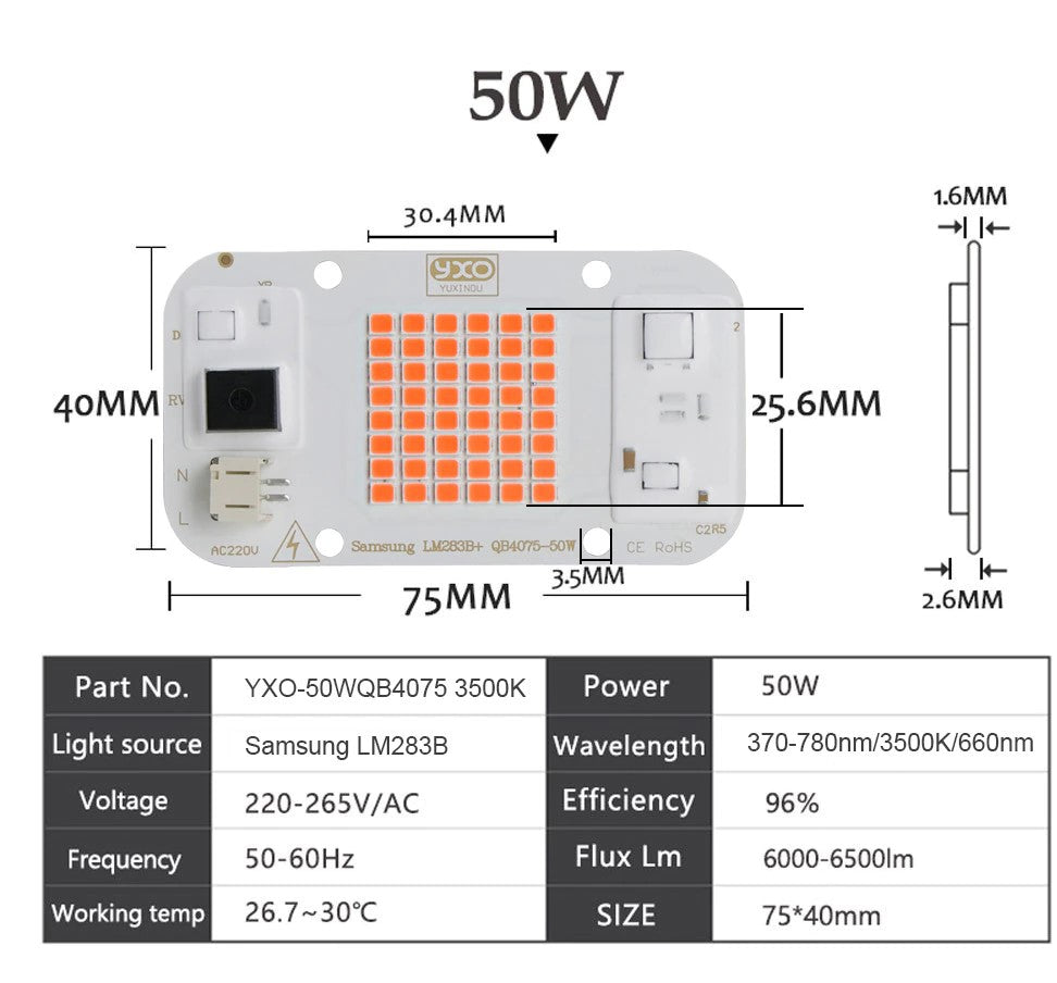 AC 220V 50w Dimmable Samsung Lm283B+370-780nm LED Ανάπτυξης Φυτων Full Spectrum-τεμ.1