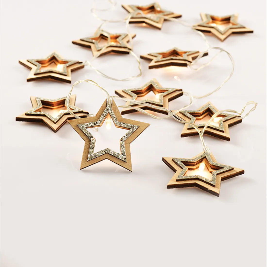 10LED ΛΑΜΠΑΚΙΑ ΜΠΑΤΑΡΙΑΣ SILVER GLITTER WOODEN STAR 1.35M ΘΕΡΜΟ
