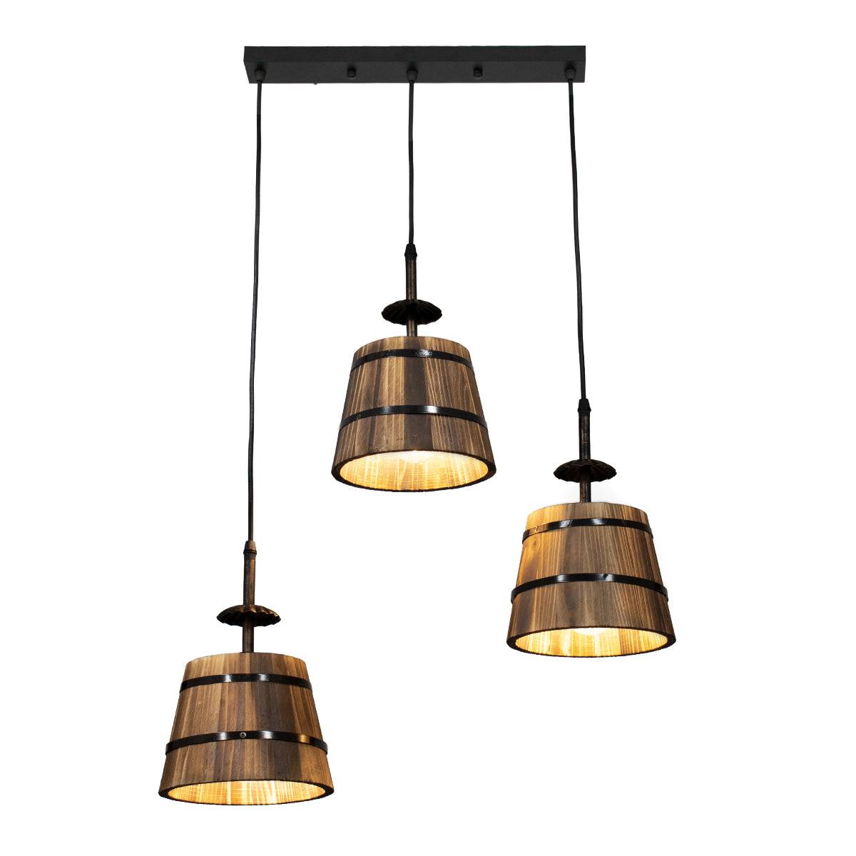 GloboStar® CEBU 00889 ΣΕΤ Vintage Κρεμαστό Φωτιστικό Οροφής Τρίφωτο Μεταλλικό Ξύλινο Μ55.5 x Π18.5 x Y210cm - ledmania.gr