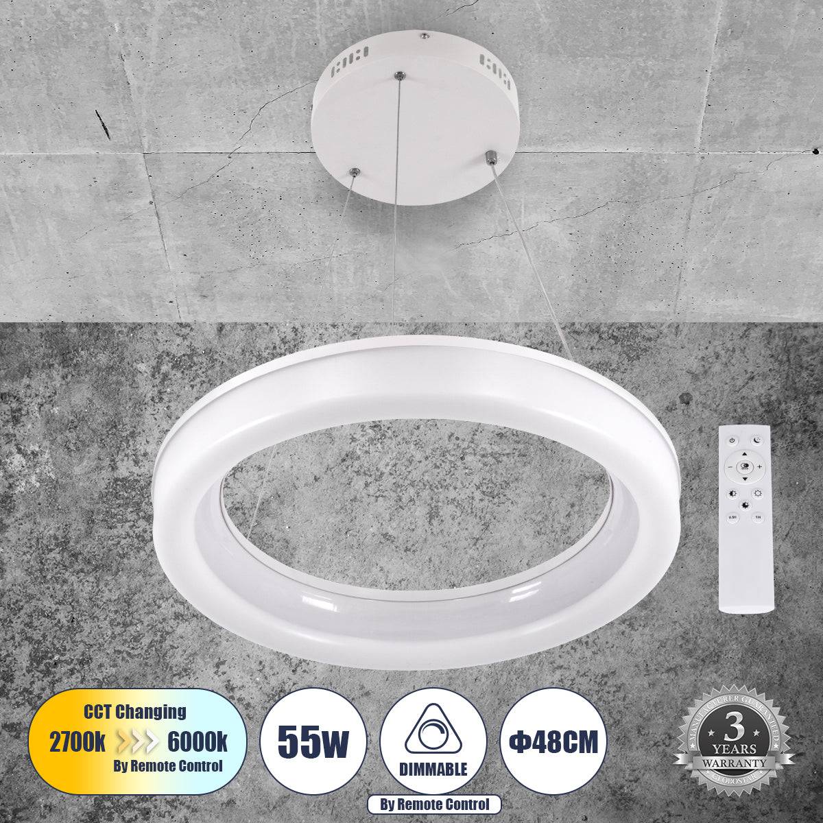 GloboStar® ARIANA 61038 Κρεμαστή Πλαφονιέρα Οροφής Κύκλος LED CCT 55W 6376lm 120° AC 220-240V - Εναλλαγή Φωτισμού μέσω Τηλεχειριστηρίου All In One Ψυχρό Λευκό 6000k+Φυσικό Λευκό 4500k+Θερμό Λευκό 2700k Dimmable Φ48cm - Λευκό - 3 Years Warranty - ledmania.gr
