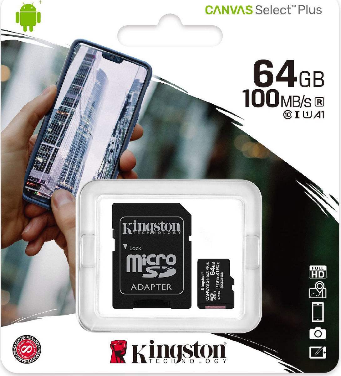 KINGSTON CANVAS SELECT PLUS MICRO SDXC 64GB U1 V10 A1 WITH ADAPTOR - ledmania.gr