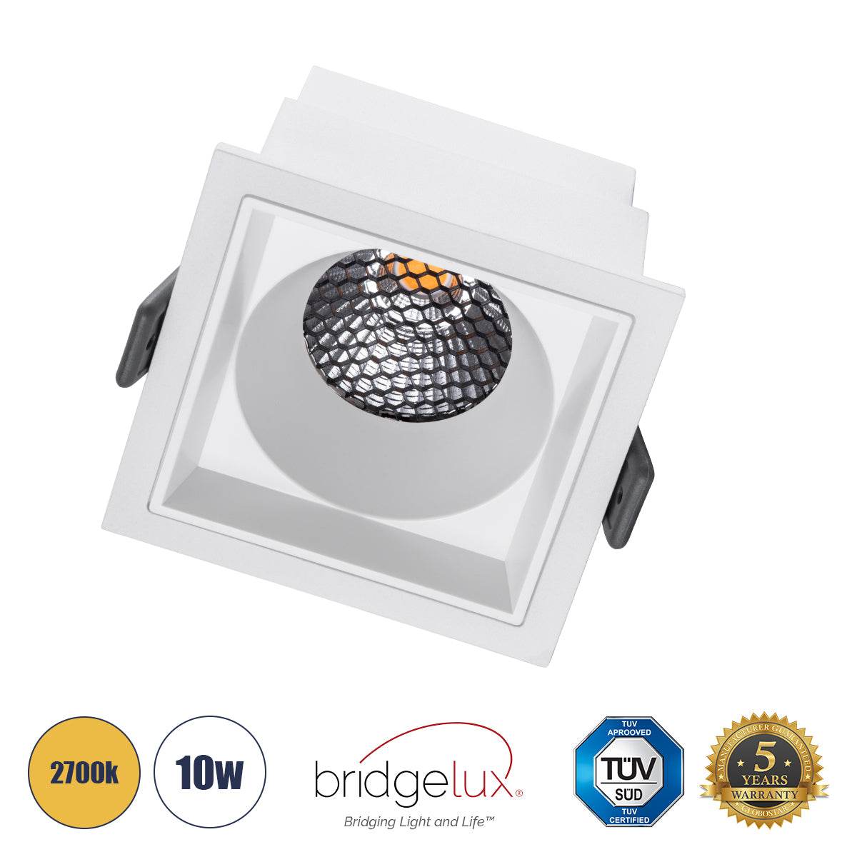 GloboStar® PLUTO-M 60273 Χωνευτό LED Spot Downlight TrimLess Μ8.4xΠ8.4cm 10W 1250lm 38° AC 220-240V IP20 Μ8.4 x Π8.4 x Υ5.9cm - Τετράγωνο - Λευκό & Anti-Glare HoneyComb - Θερμό Λευκό 2700K - Bridgelux COB - 5 Years Warranty - ledmania.gr