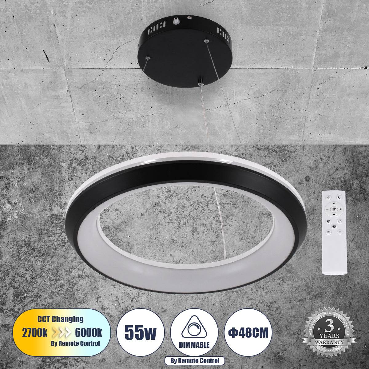 GloboStar® MELINA 61043 Κρεμαστή Πλαφονιέρα Οροφής Κύκλος LED CCT 55W 6376lm 120° AC 220-240V - Εναλλαγή Φωτισμού μέσω Τηλεχειριστηρίου All In One Ψυχρό Λευκό 6000k+Φυσικό Λευκό 4500k+Θερμό Λευκό 2700k Dimmable Φ48cm - Μαύρο - 3 Years Warranty - ledmania.gr