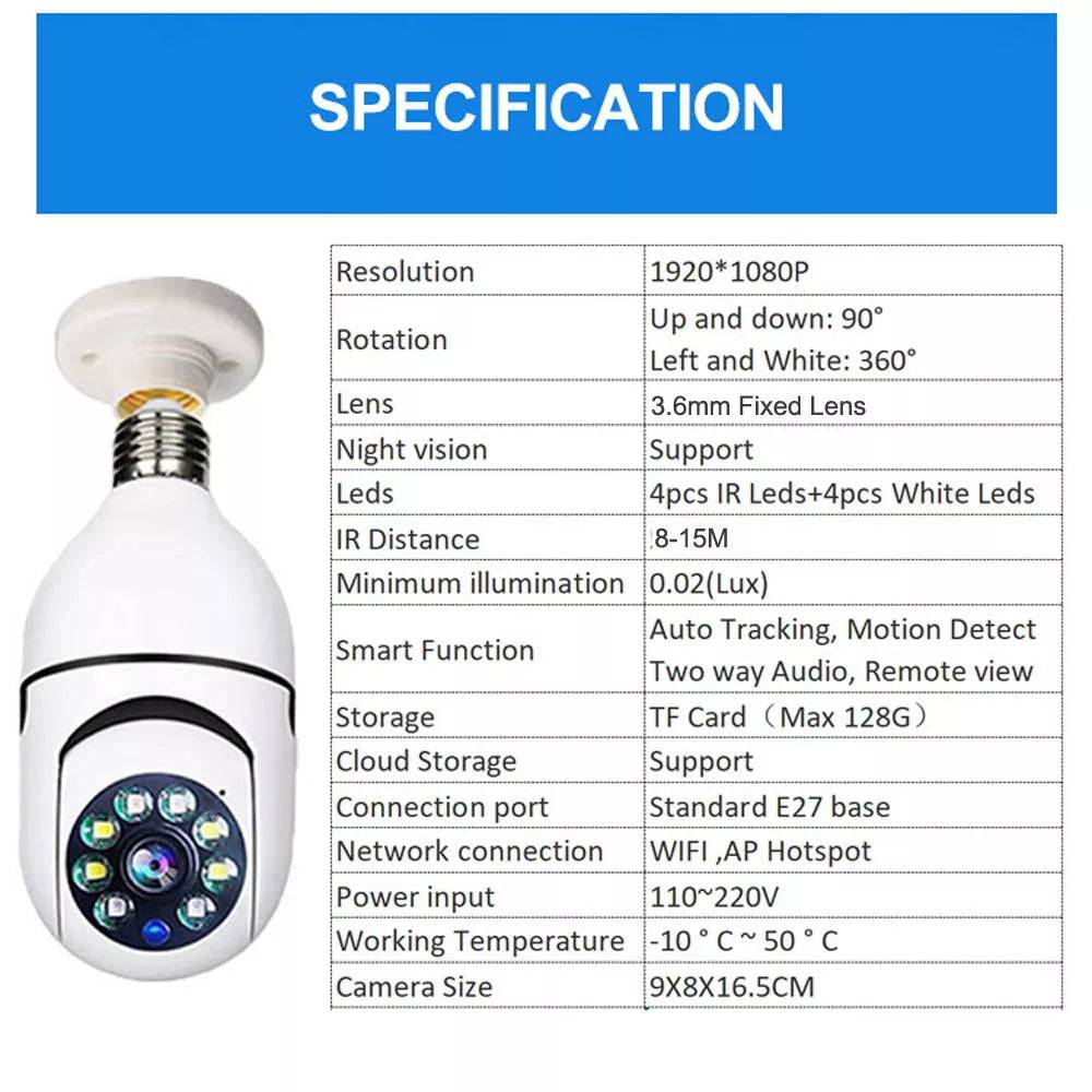 E27 Full HD 2MP Έξυπνη wifi PTZ 360° αυτόματη περιστροφή παρακολούθησης Κάμερα με λάμπα φωτός-τεμ.1 - ledmania.gr