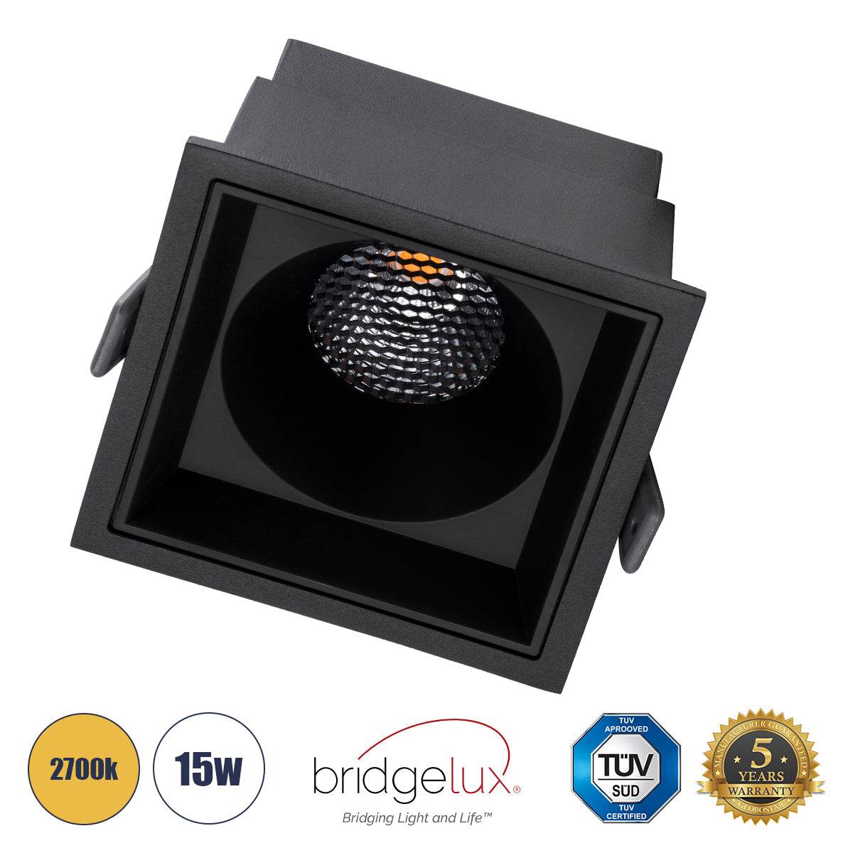 GloboStar® PLUTO-B 60281 Χωνευτό LED Spot Downlight TrimLess Μ10.4xΠ10.4cm 15W 1875lm 38° AC 220-240V IP20 Μ10.4 x Π10.4 x Υ6.5cm - Τετράγωνο - Μαύρο & Anti-Glare HoneyComb - Θερμό Λευκό 2700K - Bridgelux COB - 5 Years Warranty - ledmania.gr