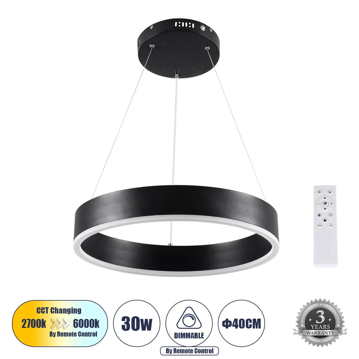 GloboStar® VENOM 61173 Κρεμαστό Φωτιστικό Δαχτυλίδι-Κύκλος LED CCT 30W 3513lm 120° AC 220-240V - Εναλλαγή Φωτισμού μέσω Τηλεχειριστηρίου All In One Ψυχρό 6000K+Φυσικό 4500K+Θερμό 2700K Dimmable Φ40cm - Μαύρο - 3 Years Warranty - ledmania.gr