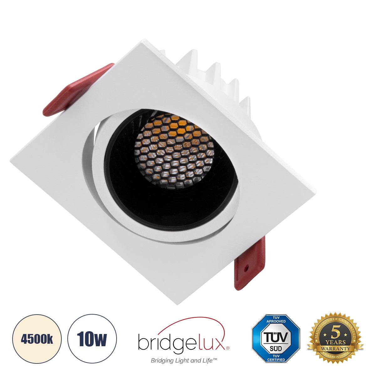 GloboStar® LEO-SQ 60288 Χωνευτό LED Spot Downlight TrimLess Μ8.5xΠ8.5cm 10W 1300lm 38° AC 220-240V IP20 Μ8.5 x Π8.5 x Υ6.6cm - Τετράγωνο - Κινούμενο - Λευκό με Μαύρο Κάτοπτρο & Anti-Glare HoneyComb - Φυσικό Λευκό 4500K - Bridgelux COB - 5 Years Warranty - ledmania.gr