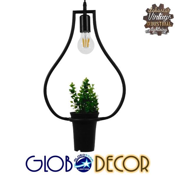 GloboStar® FLOWERPOT 10001210 Μοντέρνο Κρεμαστό Φωτιστικό Οροφής Μονόφωτο Μαύρο Μεταλλικό με Διακοσμητικό Φυτό Φ27 x Y40cm - ledmania.gr