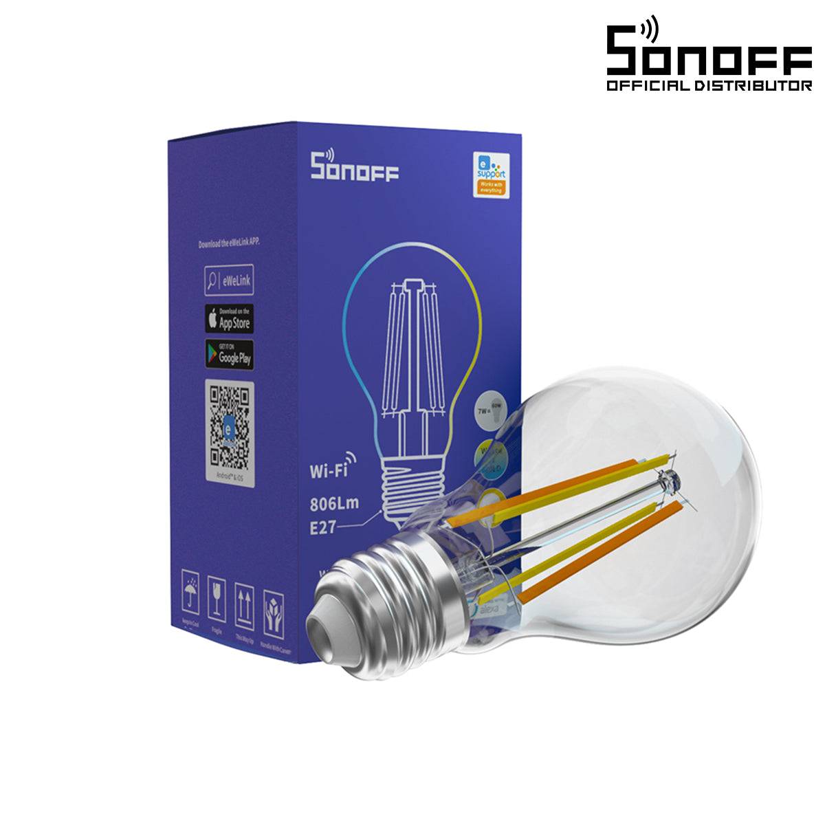GloboStar® 80027 SONOFF B02-F-A60-R2 - Wi-Fi Smart LED Filament Bulb E27 A60 7W 806lm AC 220-240V CCT Change from 2200K to 6500K Dimmable - ledmania.gr
