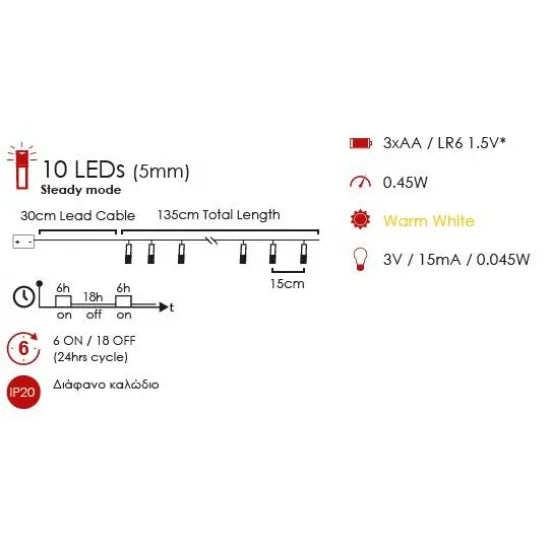 "PLASTIC CLIPS" 10 LED ΛΑΜΠΑΚ ΣΕΙΡΑ ΜΠΑΤΑΡ.(3xAA) & ΧΡΟΝΟΔΙΑΚ (6ΟΝ/18OFF) ΨΥΧΡΟ ΛΕΥΚΟ IP20 135+30cm