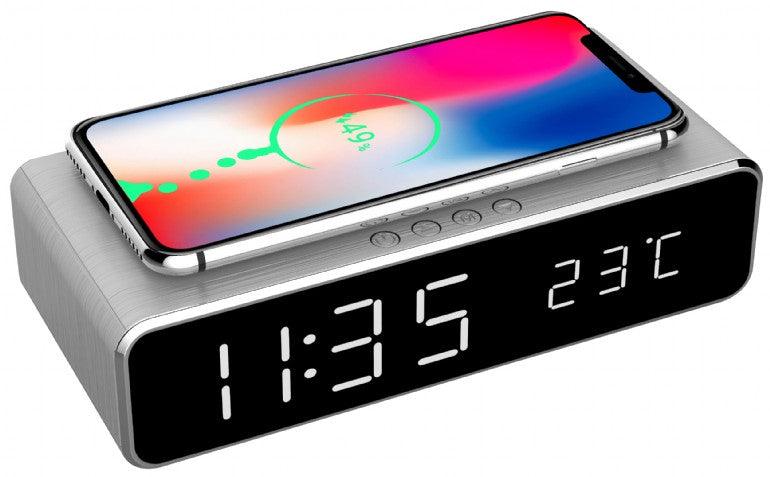 GEMBIRD DIGITAL ALARM CLOCK WITH WIRELESS CHARGING FUNCTION SILVER - ledmania.gr