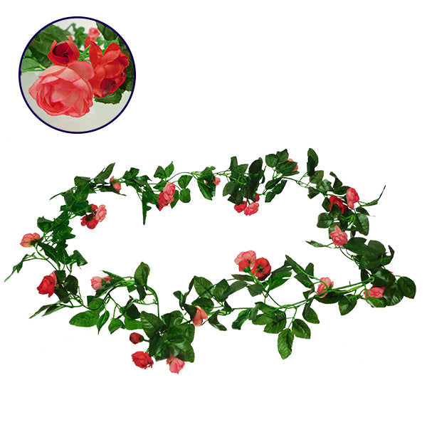 GloboStar® 09011 Τεχνητό Κρεμαστό Φυτό Διακοσμητική Γιρλάντα Μήκους 2.2 μέτρων με 32 X Μικρά Τριαντάφυλλα Ροζ Κοραλί - ledmania.gr