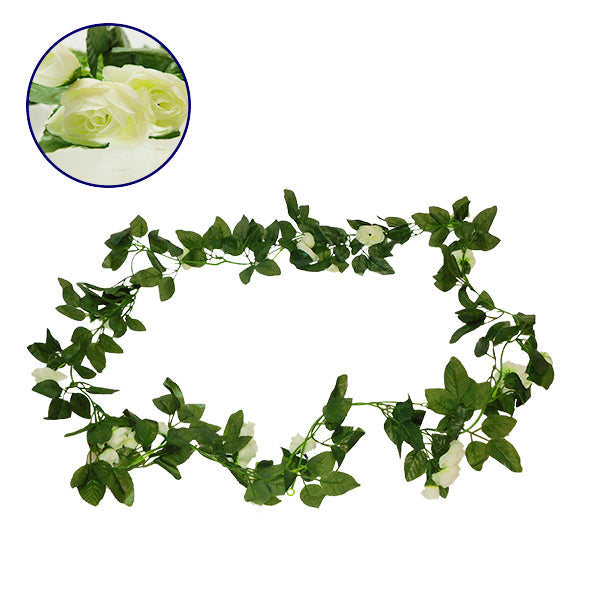 GloboStar® 09012 Τεχνητό Κρεμαστό Φυτό Διακοσμητική Γιρλάντα Μήκους 2.2 μέτρων με 32 X Μικρά Τριαντάφυλλα Λευκά - ledmania.gr