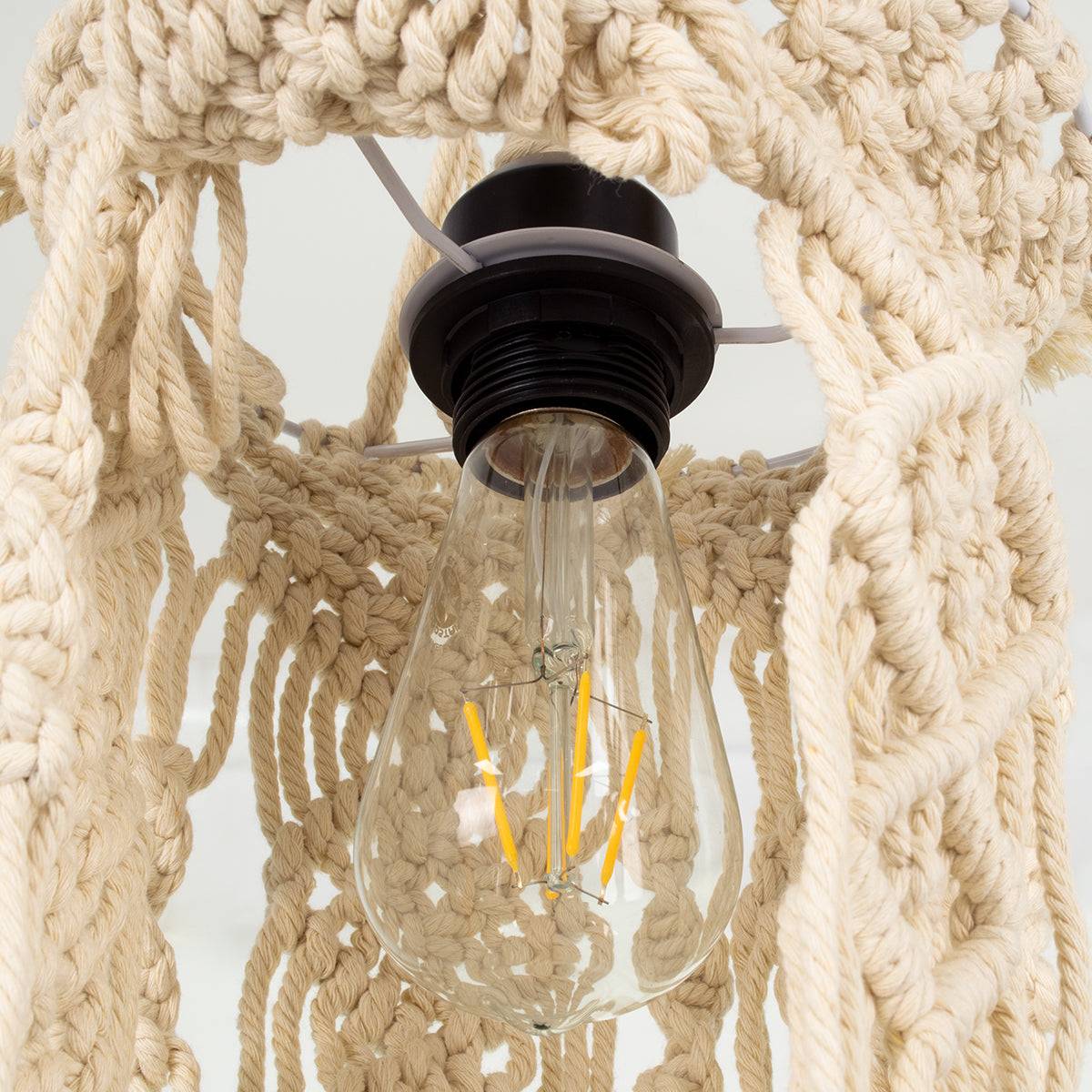 GloboStar® 36211 BAHRI Vintage Κρεμαστό Φωτιστικό Οροφής Μονόφωτο Boho - Μακραμέ Πλεκτό Χειροποίητο Μπεζ Υφασμάτινο με Σχοινί Φ20 x Υ65cm - ledmania.gr
