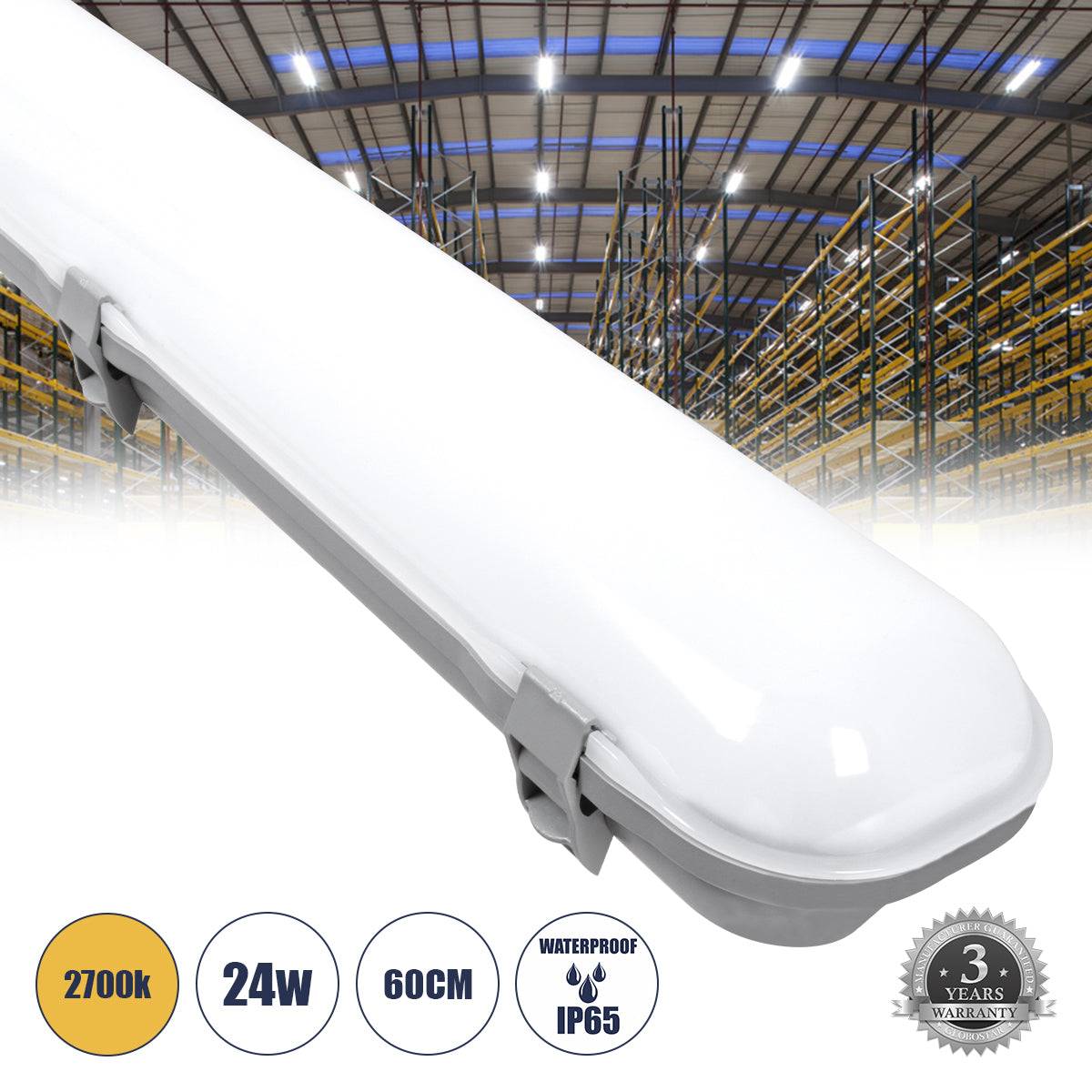 GloboStar® 60171 LED Γραμμικό Βιομηχανικό Φωτιστικό Tri-Proof 60cm 24W 2738lm 120° AC 220-240V Αδιάβροχο IP65 Μ60 x Π10.5 x Υ8cm Φυσικό Λευκό 4500K - 3 Years Warranty - ledmania.gr