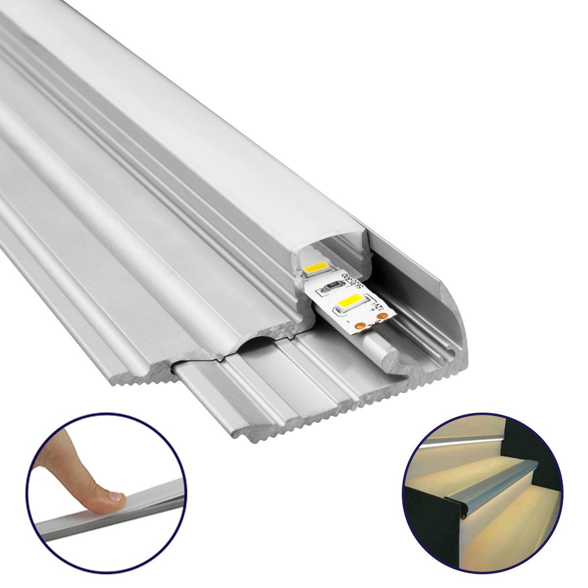 GloboStar® 70823-1M Προφίλ Αλουμινίου για Σκαλοπάτια Ανοδιωμένο με Λευκό Οπάλ Κάλυμμα για 1 Σειρά Ταινίας LED Πατητό - Press On - ledmania.gr