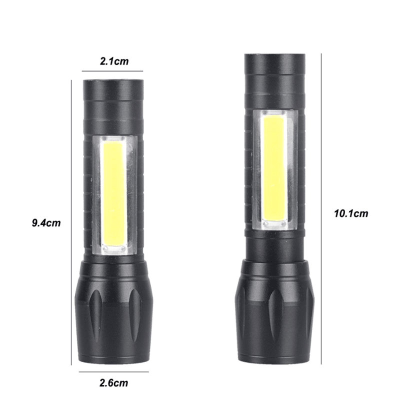 Super Bright Zoom LED Q5 T6  With Side COB Light Αλουμίνιο Αδιάβροχο USB Επαναφορτιζόμενος Φακός LED - ledmania.gr