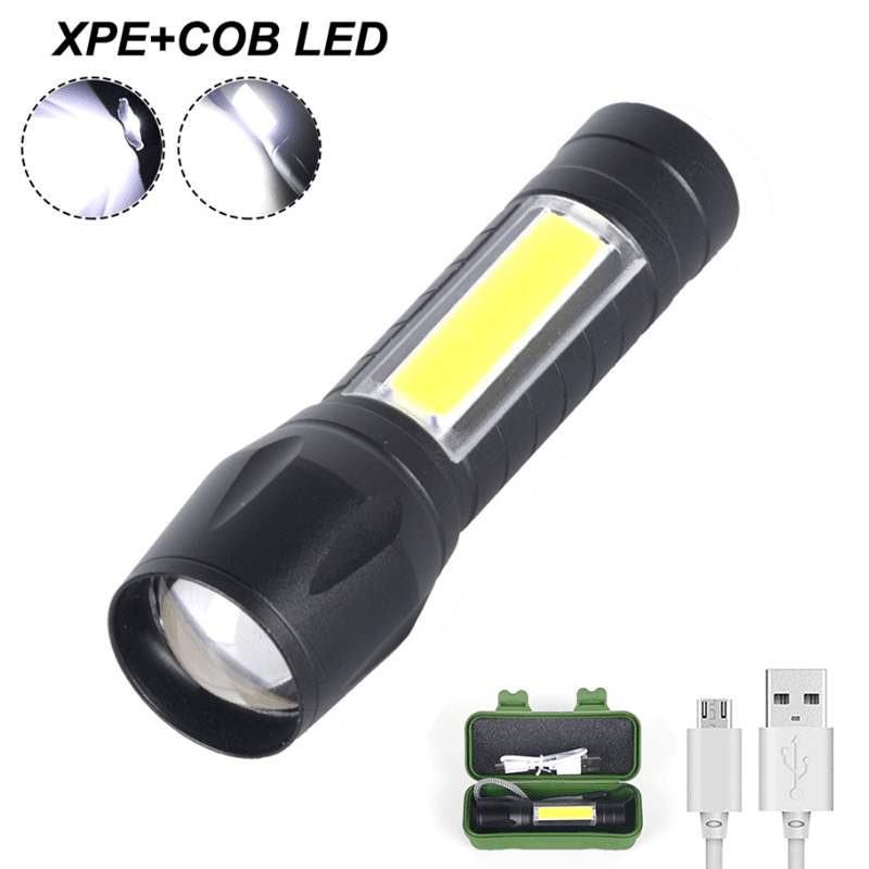 Super Bright Zoom LED Q5 T6  With Side COB Light Αλουμίνιο Αδιάβροχο USB Επαναφορτιζόμενος Φακός LED - ledmania.gr