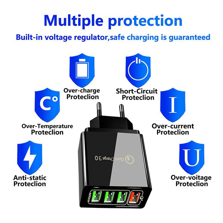Γρήγορος Φορτιστής USB Quick Charge 3.0 με 4 εισοδους για προσαρμογέα τηλεφώνου Huawei Mate 30 Tablet-Μαυρο - ledmania.gr