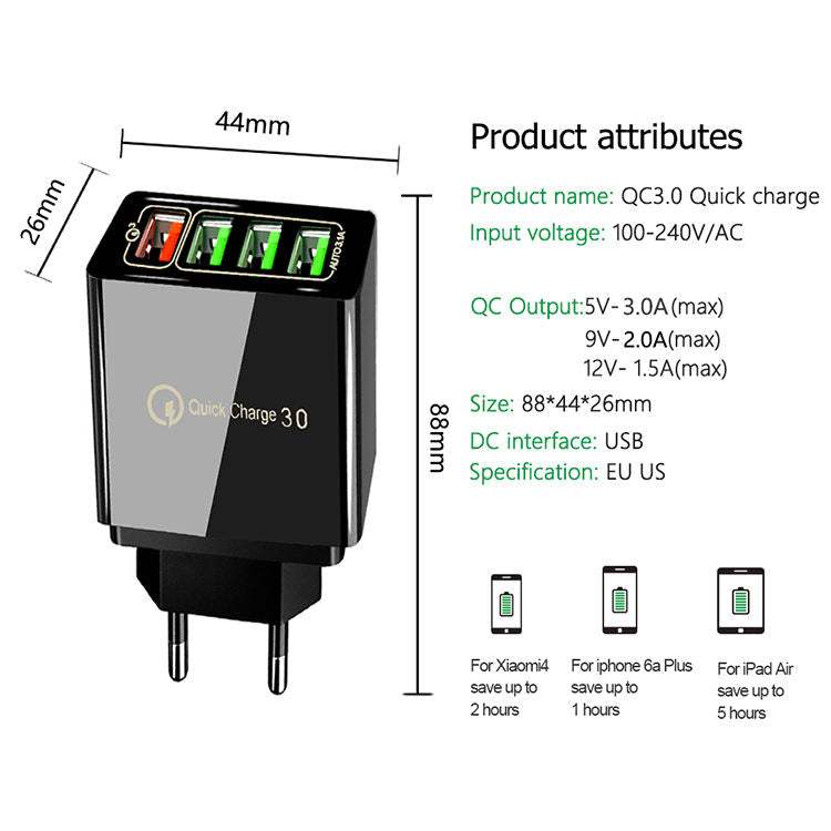 Γρήγορος Φορτιστής USB Quick Charge 3.0 με 4 εισοδους για προσαρμογέα τηλεφώνου Huawei Mate 30 Tablet-Μαυρο - ledmania.gr