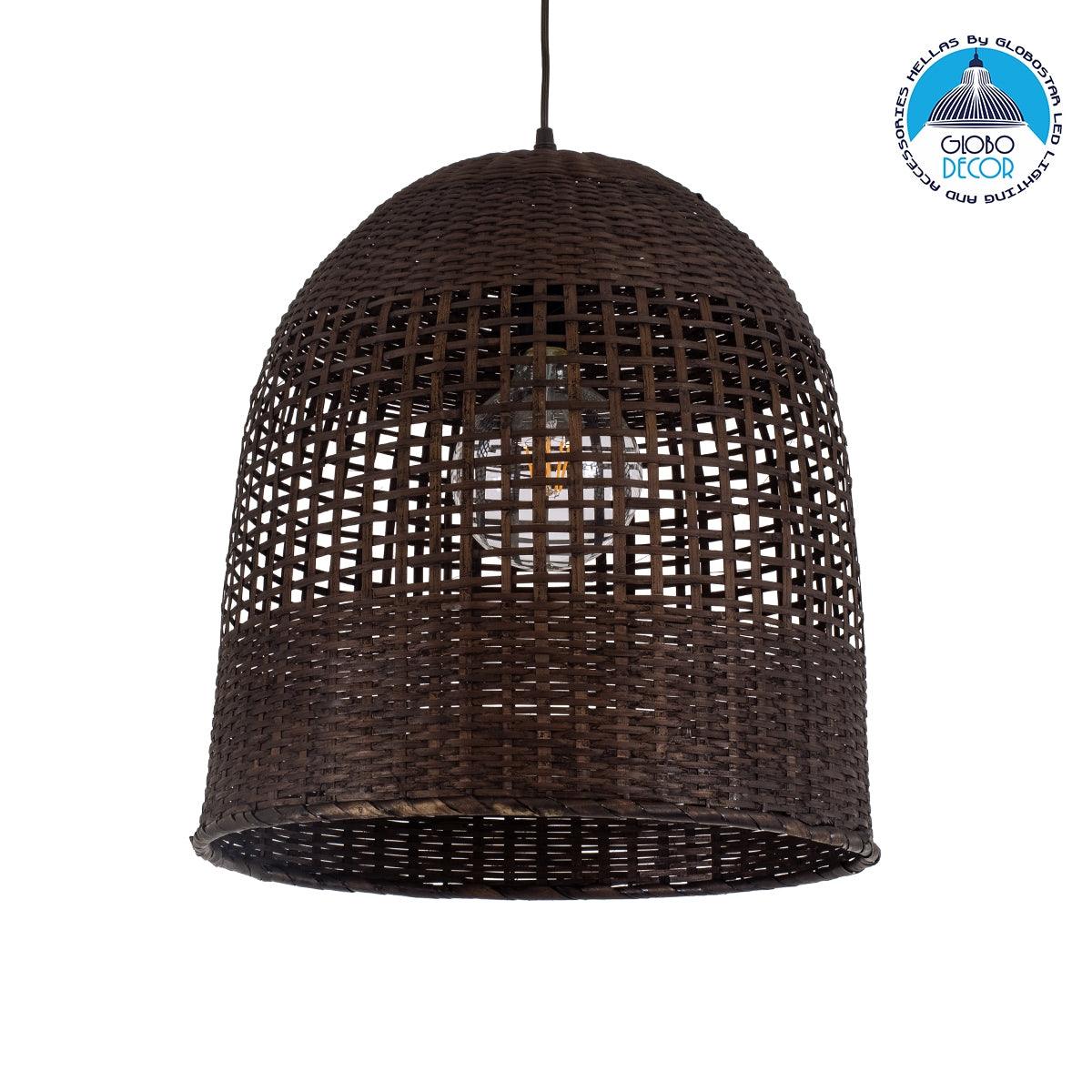 GloboStar® BORA-BORA 01736 Μοντέρνο Κρεμαστό Φωτιστικό Οροφής Μονόφωτο 1 x E27 Καφέ Μπαμπού Καμπάνα D42 x H44cm - ledmania.gr