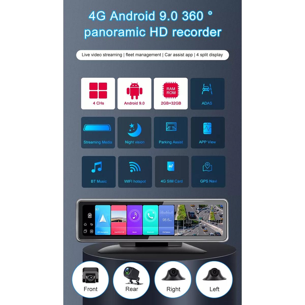 GloboStar® 86058 Καθρέπτης Αυτοκινήτου Android 9.0 360° με 4 Κάμερες 4G Sim Card Slot - WiFi - GPS Navigator - Bluetooth - RAM2GB+ROM32GB - FM Transmitter - Νυχτερινή Όραση - με Parking Lines - Μαύρο - ledmania.gr