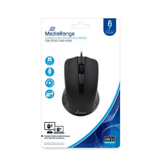 MediaRange Optical Mouse Corded 3-Button (Black, Wired) (MROS210) - ledmania.gr