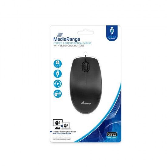 MediaRange Optical Mouse Corded 3-Button Silent-click (Black, Wired) (MROS212) - ledmania.gr
